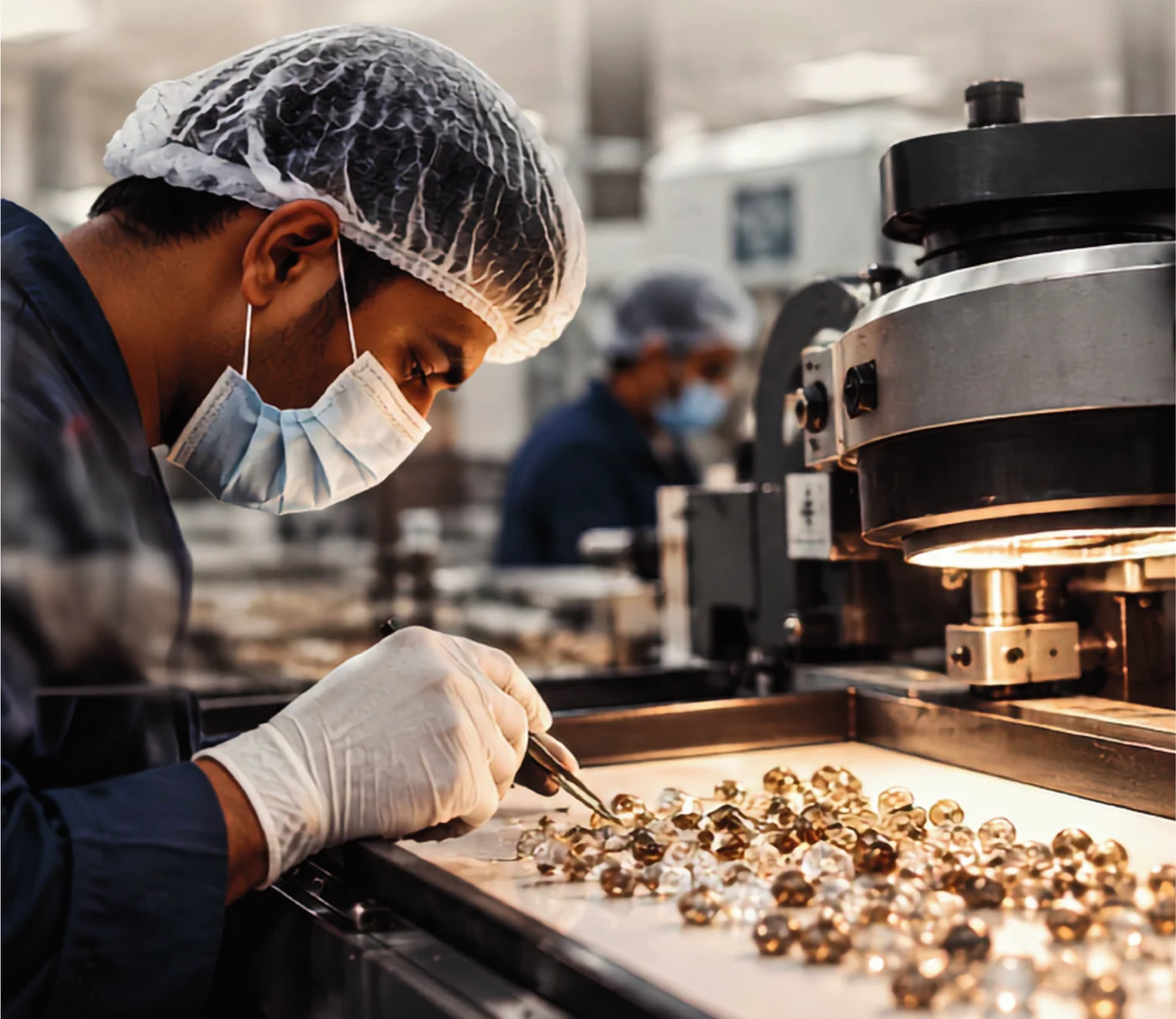 A technician inspecting brown diamonds in the factory