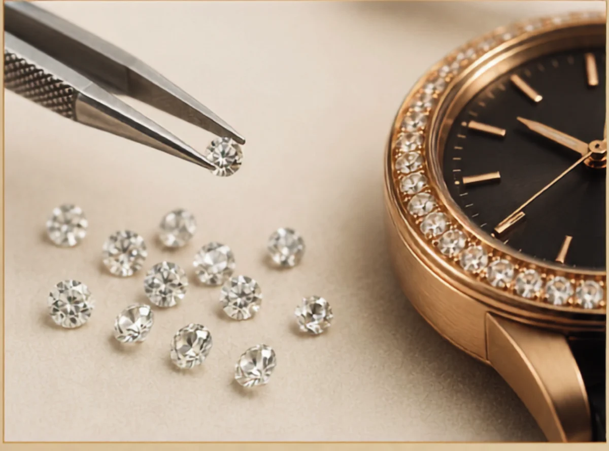 Polished diamonds beside a luxury gold watch