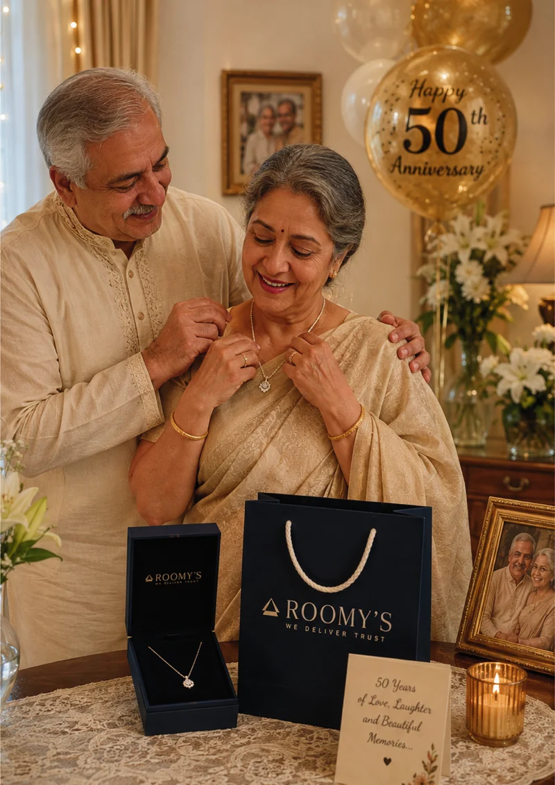 A husband giving his wife a necklace on their 50th anniversary