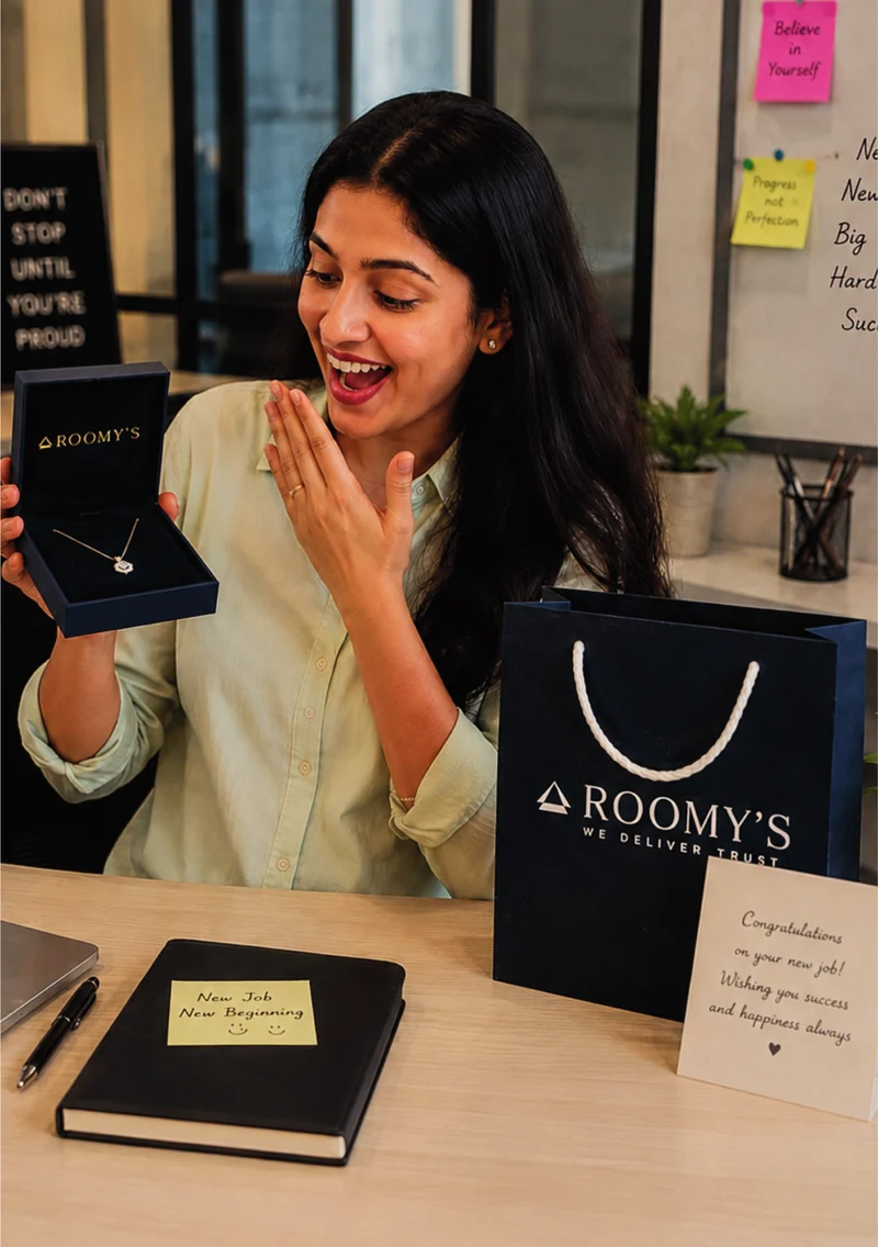 A young woman opening a gift for her new job