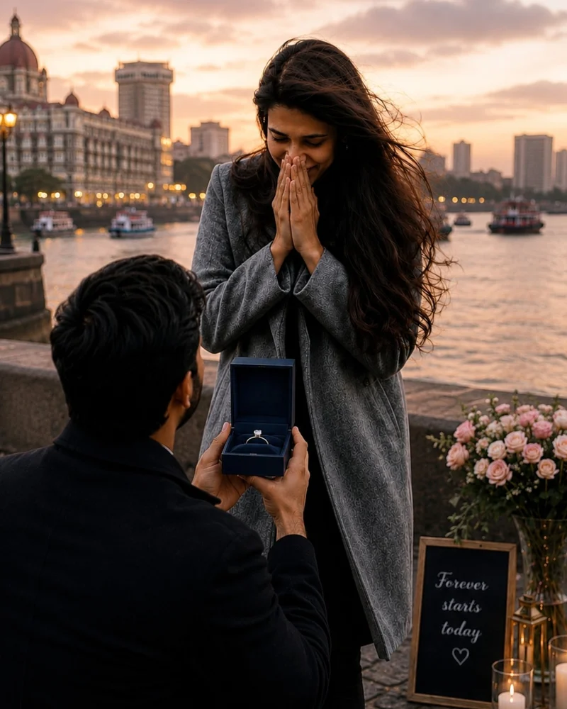 A man on one knee offering a ring at sunset by the sea