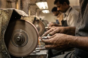 Craftsman polishing a diamond on a spinning wheel